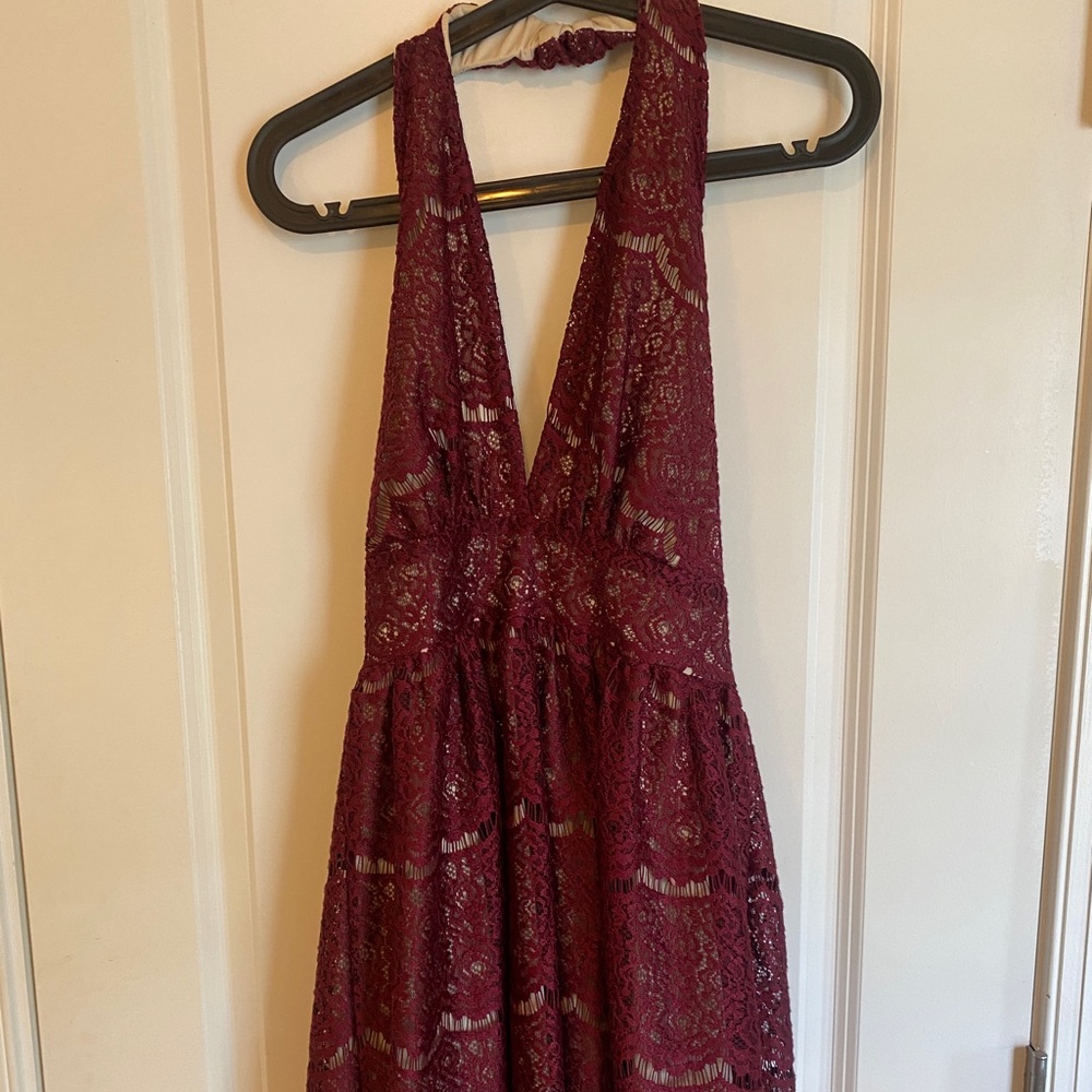 Halter neck, deep V, garnet lace backless dress from American Threads